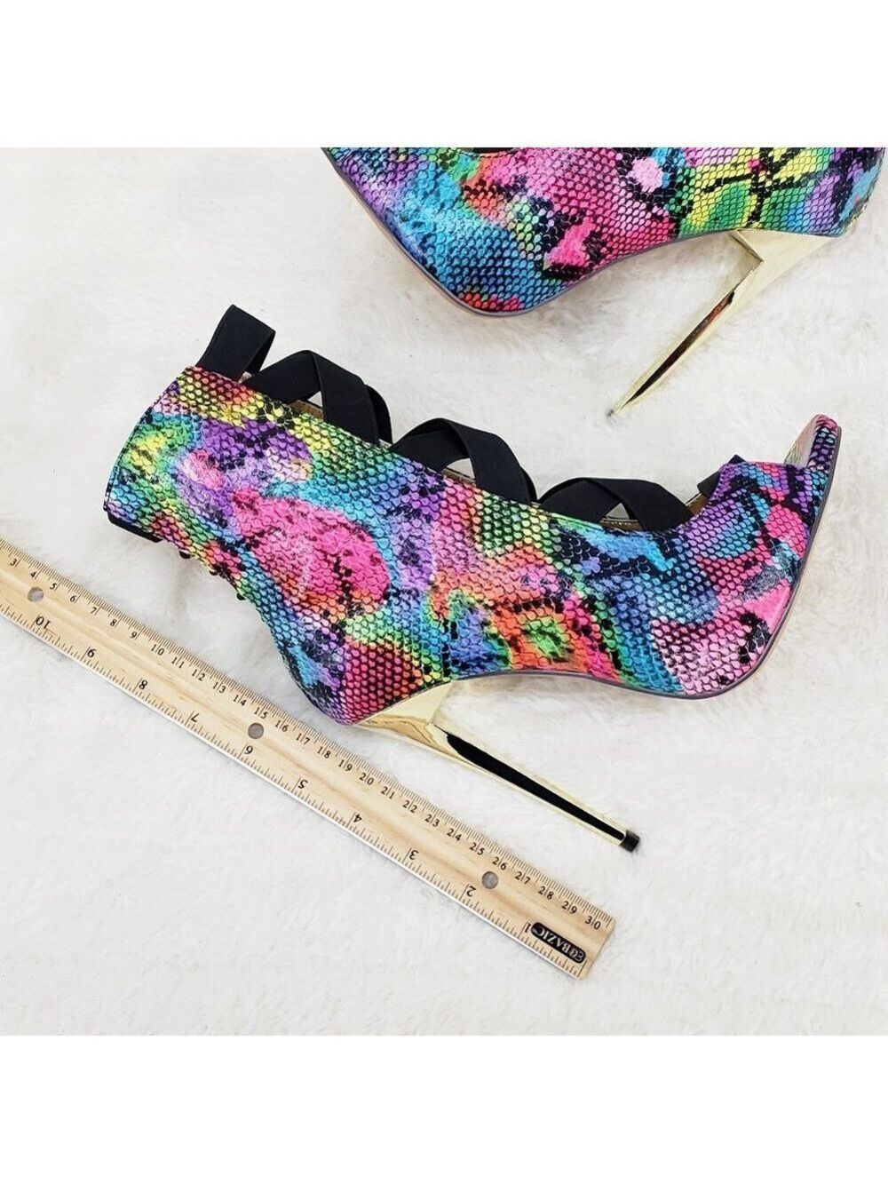 Bright Rainbow Snake Elastic Strap Gold Tone High Heel Stiletto Ankle Boots - Picture 2 of 10